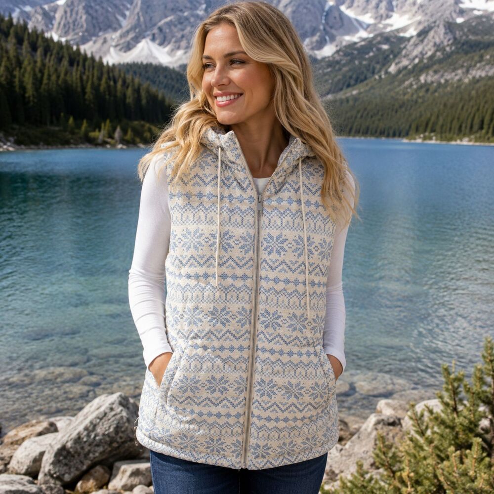 C.J. Banks Quilted Puffer Vest 2X Blue Cream Fair Isle Snowflake Hooded NWT